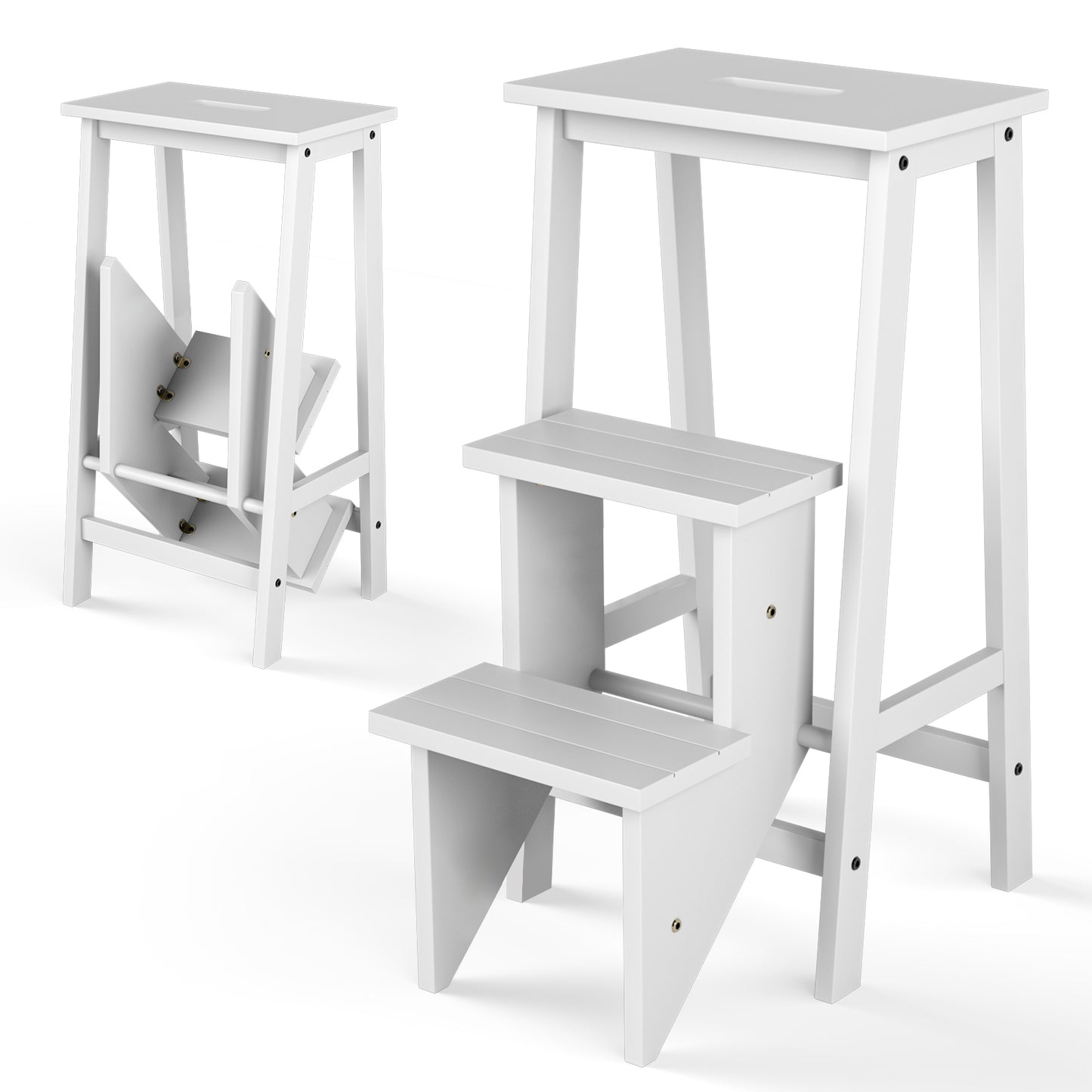 3-in-1 Rubber Wood 3 Tier Folding Step Stool Ladder Storage Shelf-Natural - White