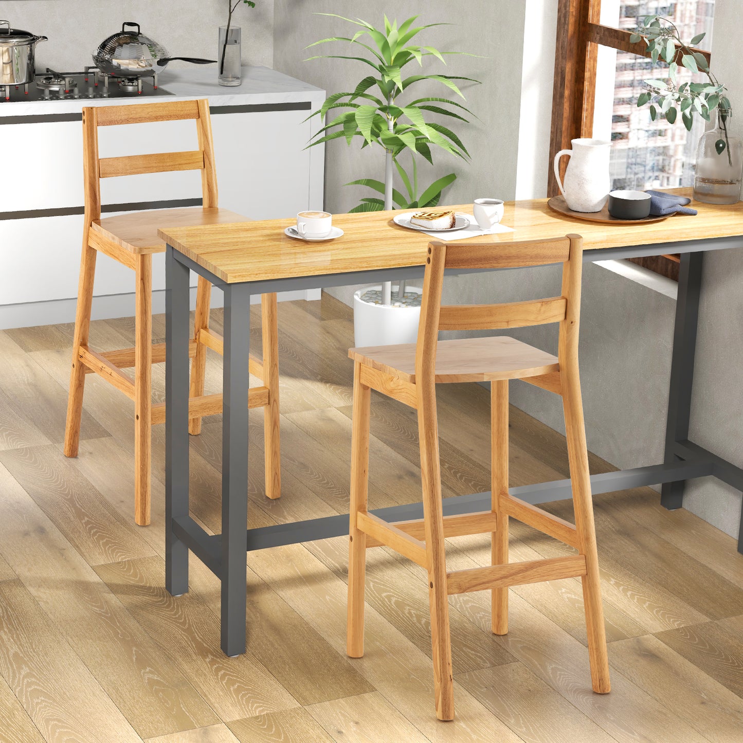 Set of 2 28 Inch Rubber Wood Armless Bar Stools with Backrest and Footrest-Natural