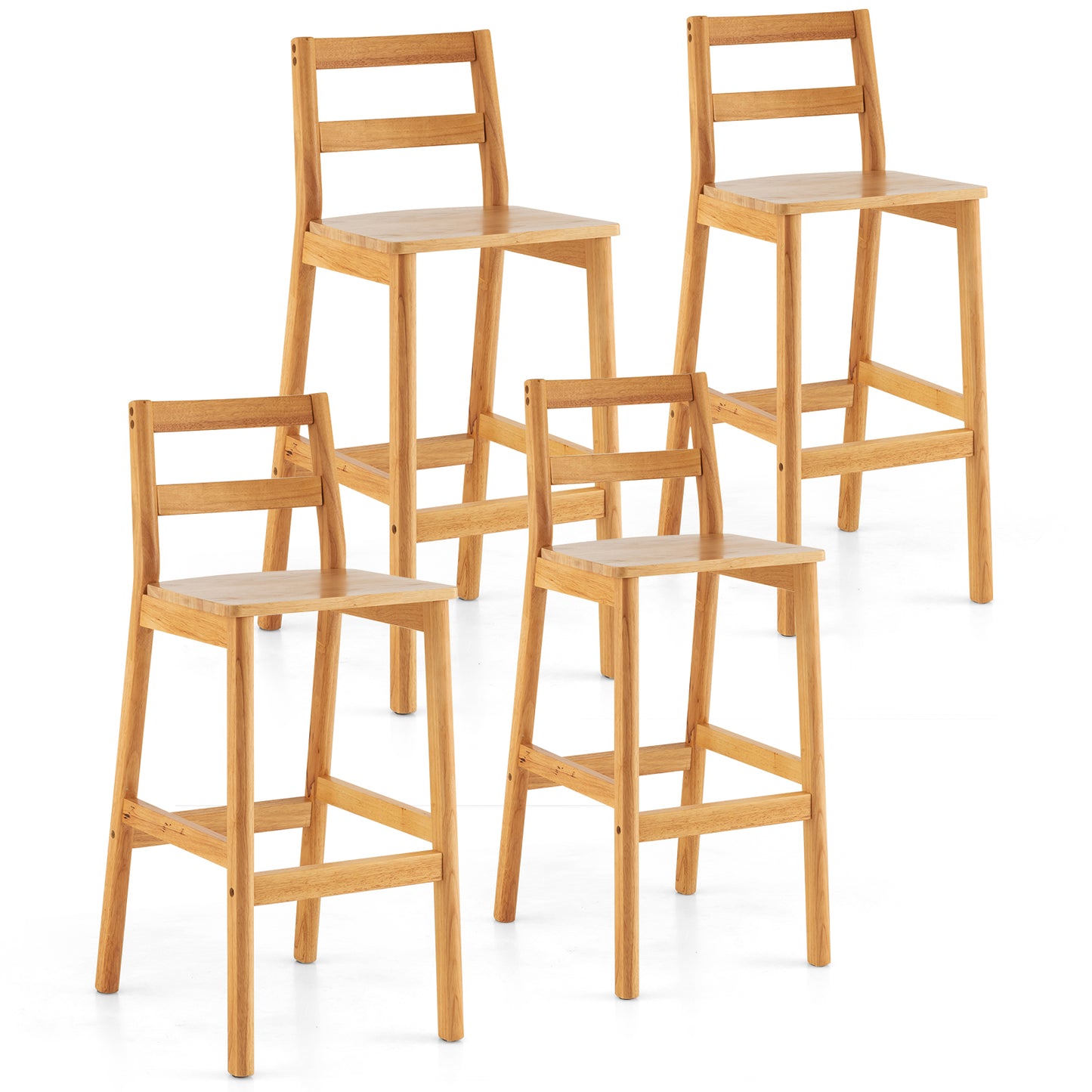 Set of 2 28 Inch Rubber Wood Armless Bar Stools with Backrest and Footrest-Natural