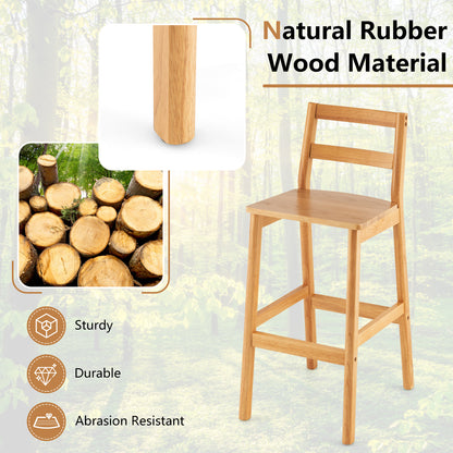 Set of 2 28 Inch Rubber Wood Armless Bar Stools with Backrest and Footrest-Natural