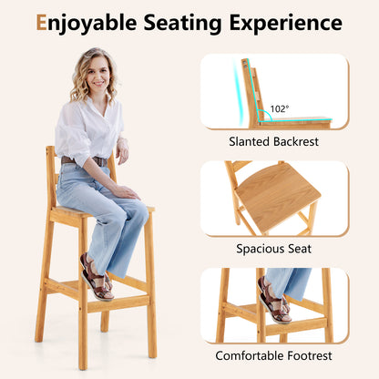 Set of 2 28 Inch Rubber Wood Armless Bar Stools with Backrest and Footrest-Natural