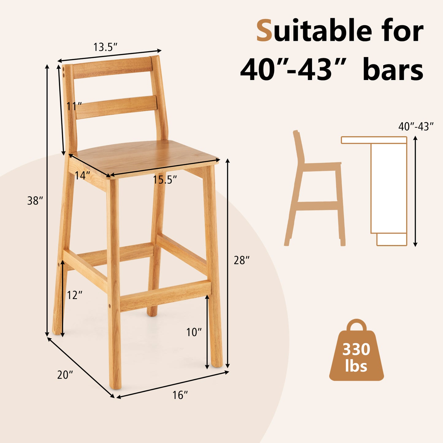 Set of 2 28 Inch Rubber Wood Armless Bar Stools with Backrest and Footrest-Natural
