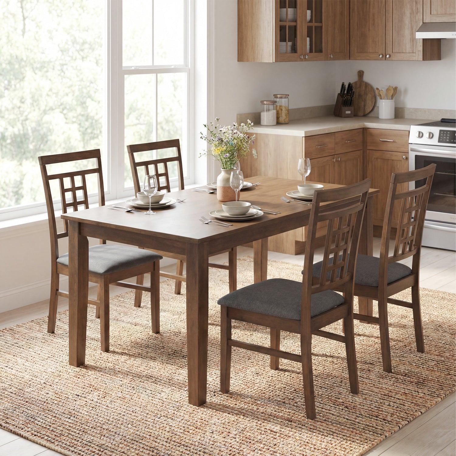Rubber Wood Dining Chairs Set of 2 with Lattice Back