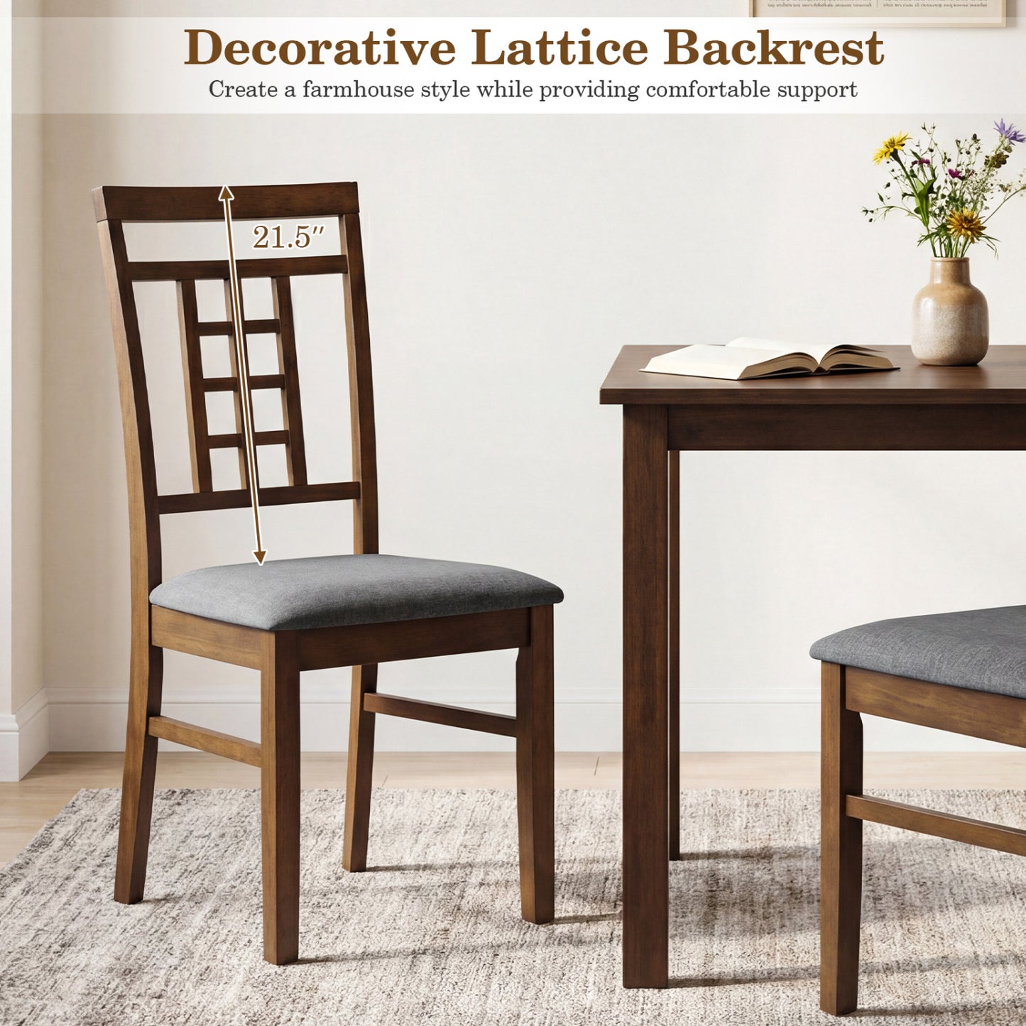 Rubber Wood Dining Chairs Set of 2 with Lattice Back