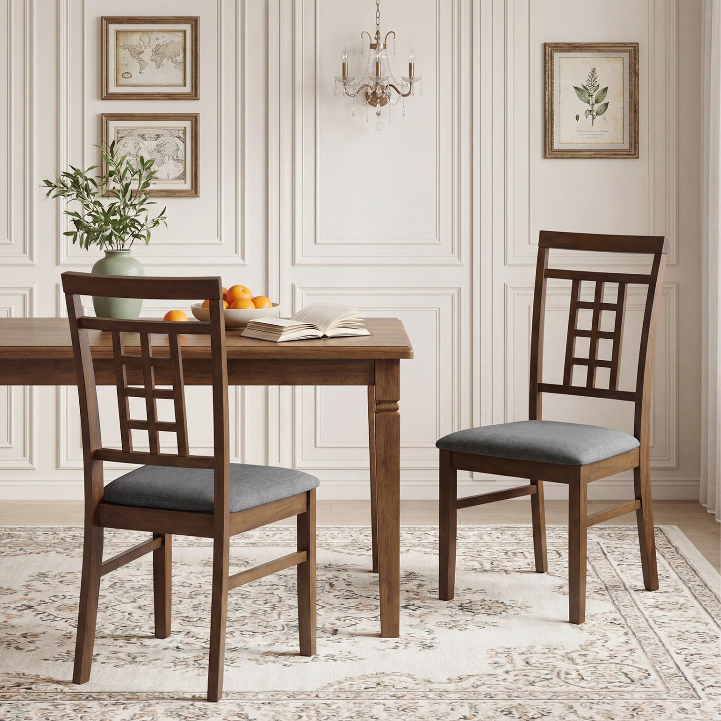 Rubber Wood Dining Chairs Set of 4 with Lattice Back