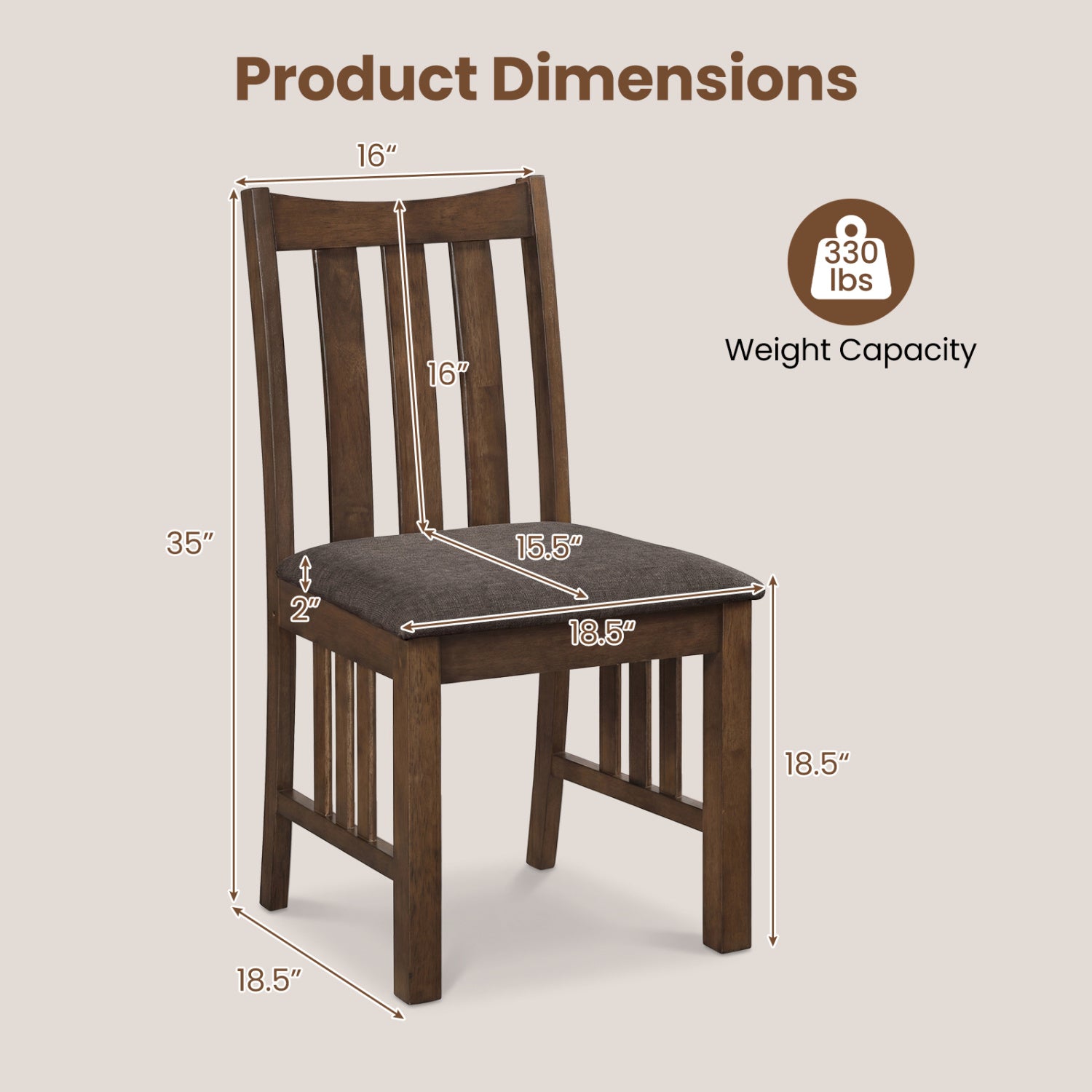 Rubber Wood Dining Chairs Side Chairs Set of 2 with Slat Back