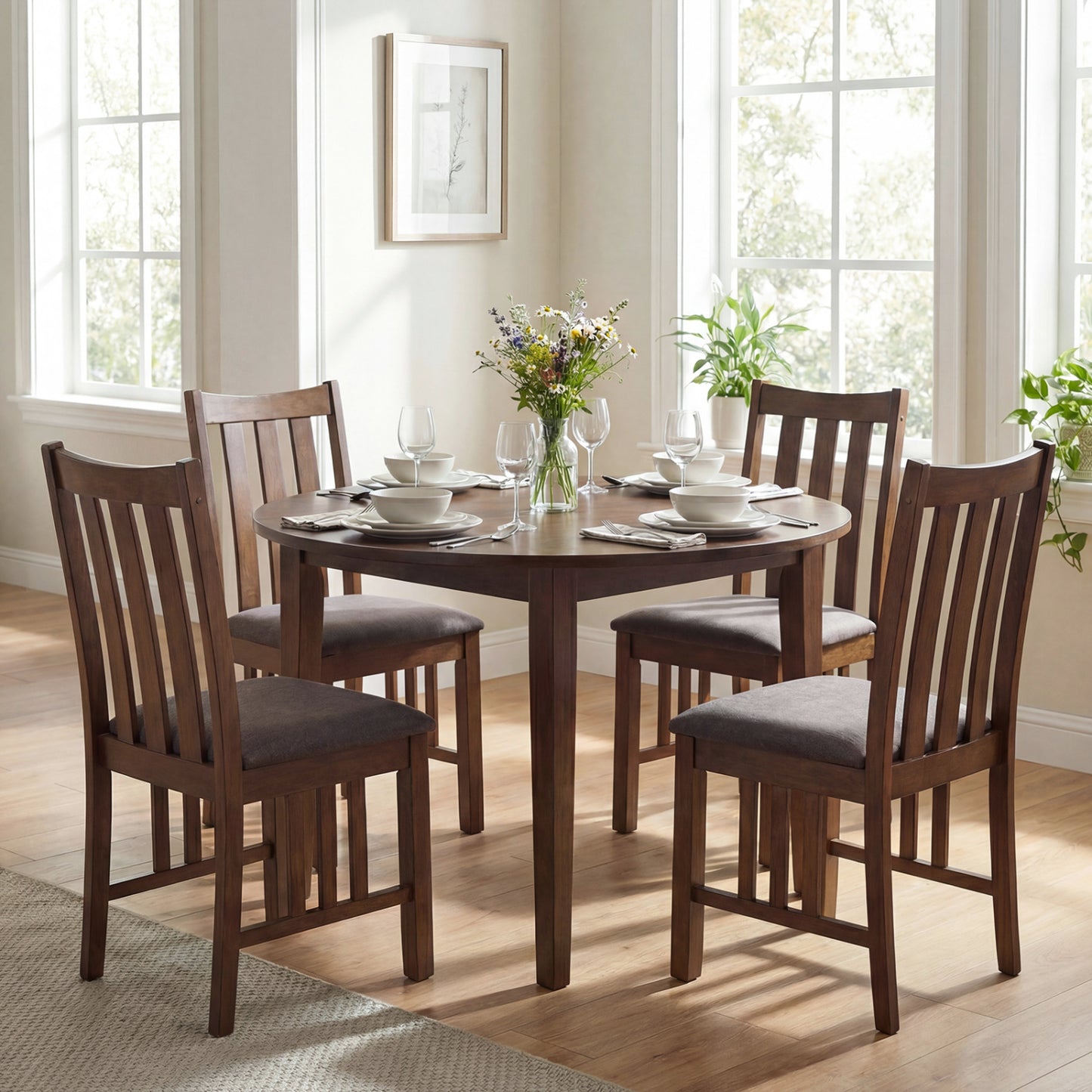 Rubber Wood Dining Chairs Side Chairs Set of 2 with Slat Back