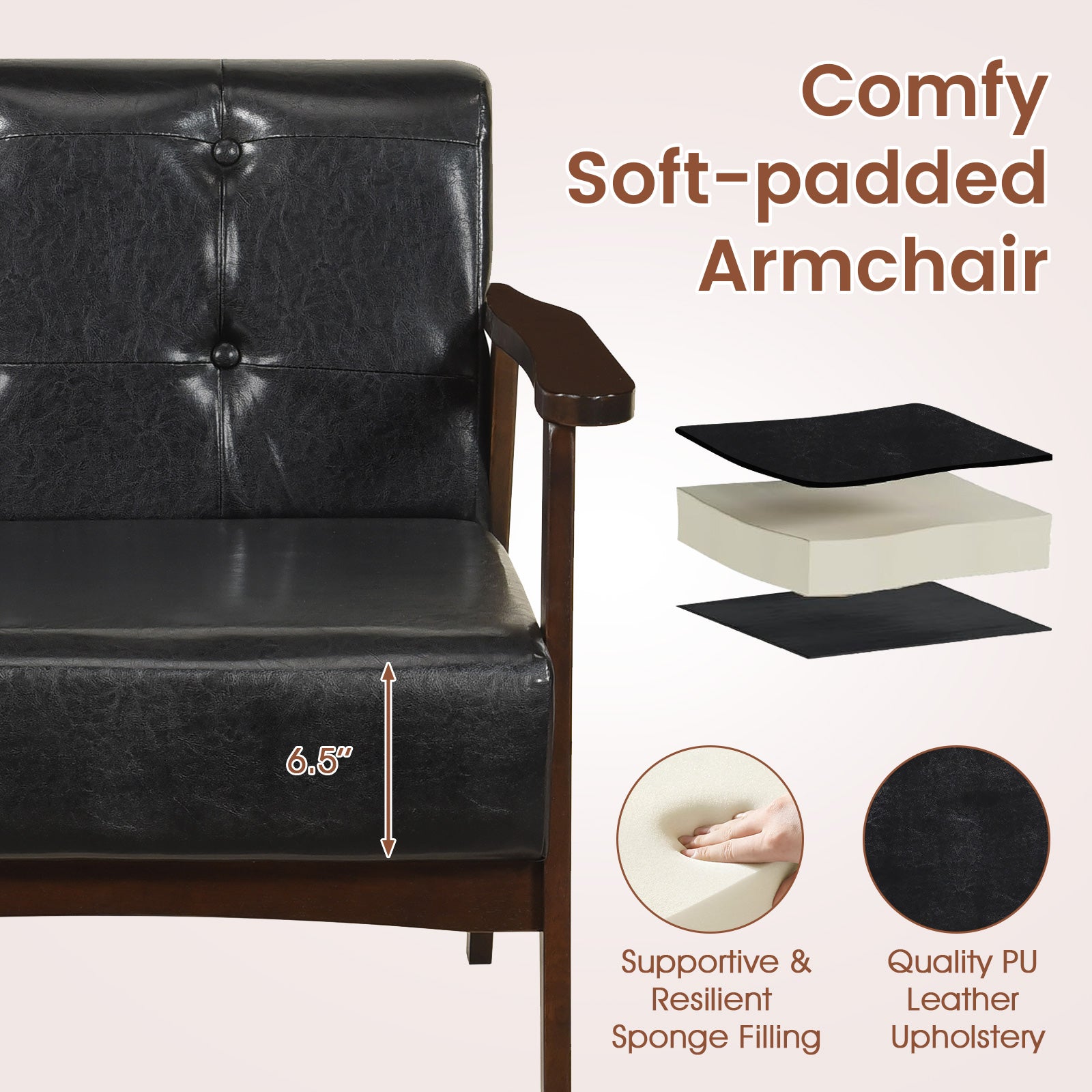 Rubber Wood Frame Accent Chair with Armrest for Living Room-Black