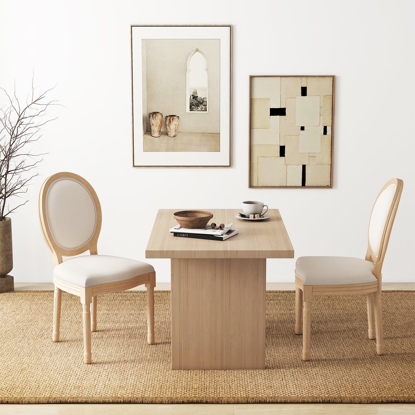 Rubber Wood Kitchen French Dining Chair Set of 2 with Sponge Padding and Round Backrest-Beige