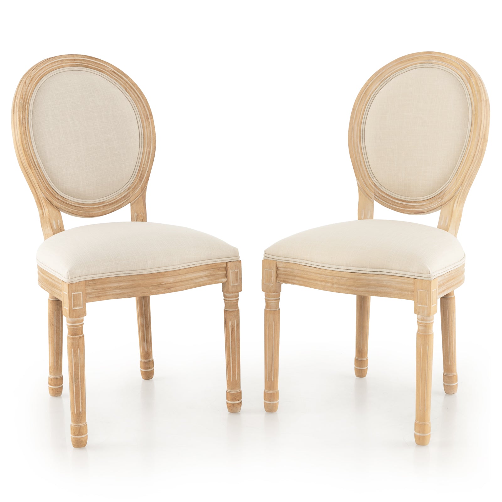 Rubber Wood Kitchen French Dining Chair Set of 2 with Sponge Padding and Round Backrest-Beige