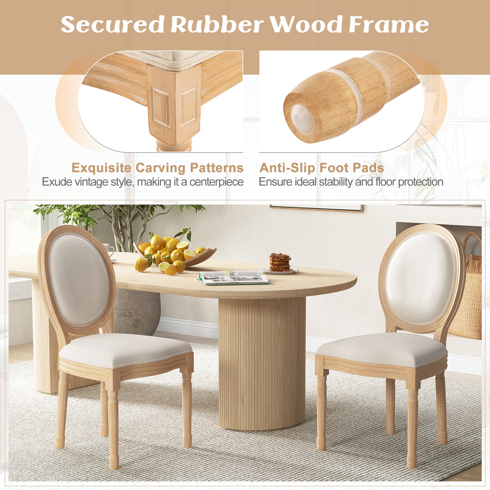 Rubber Wood Kitchen French Dining Chair Set of 2 with Sponge Padding and Round Backrest-Beige