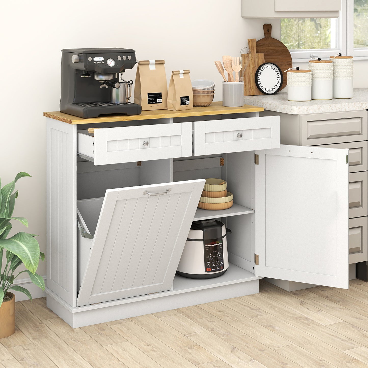 Rubber Wood Kitchen Trash Cabinet with Single Trash Can Holder and Adjustable Shelf-White