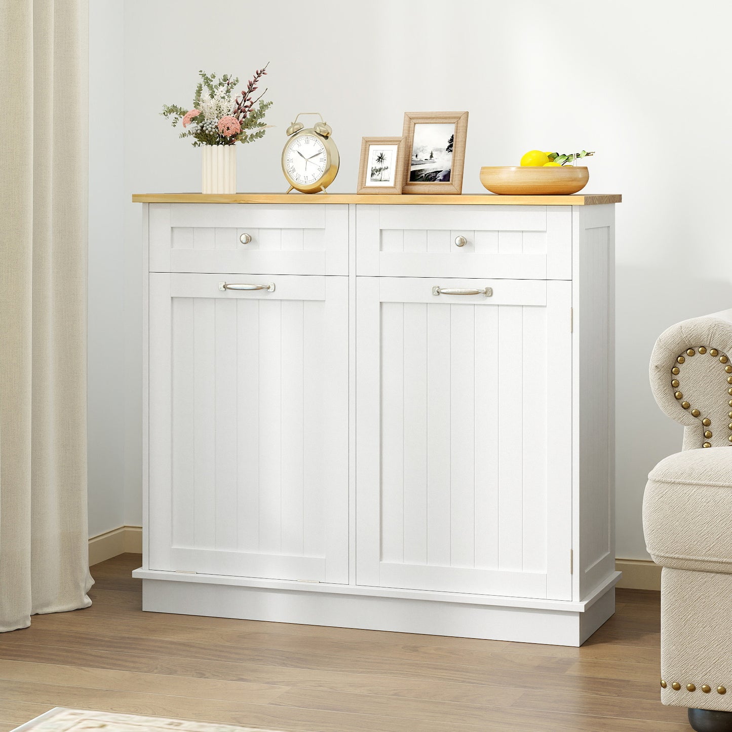Rubber Wood Kitchen Trash Cabinet with Single Trash Can Holder and Adjustable Shelf-White