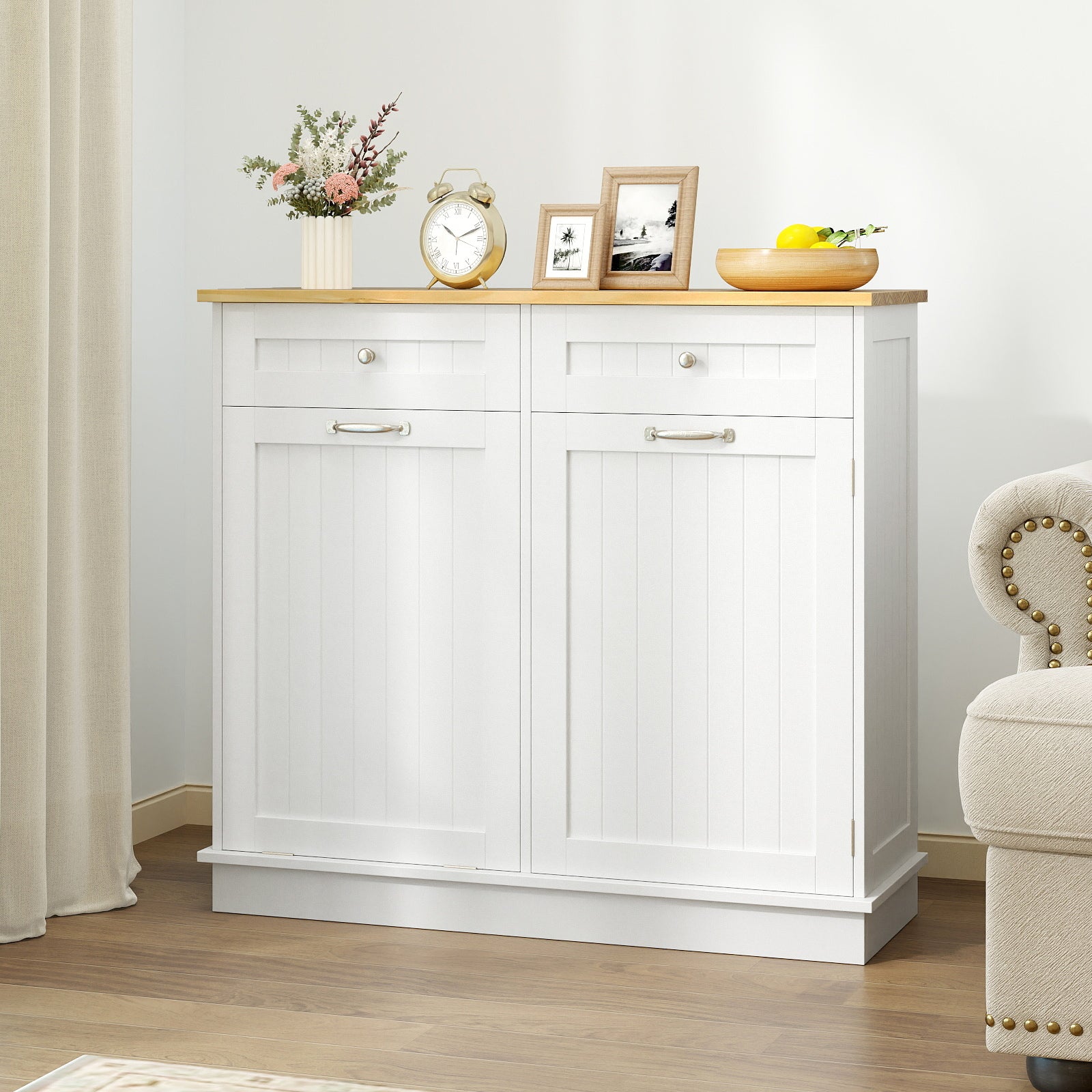 Rubber Wood Kitchen Trash Cabinet with Single Trash Can Holder and Adjustable Shelf-White