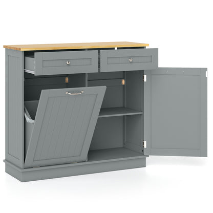 Rubber Wood Kitchen Trash Cabinet with Single Trash Can Holder and Adjustable Shelf-Gray