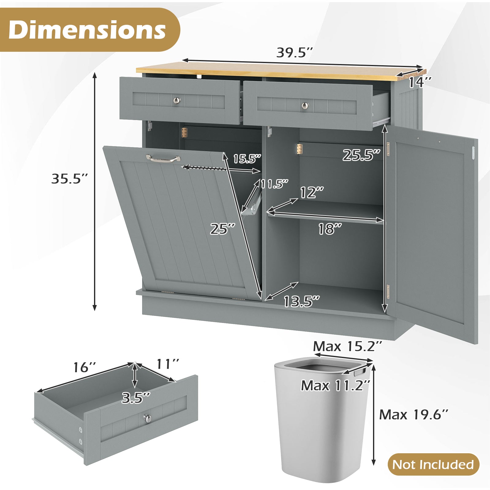 Rubber Wood Kitchen Trash Cabinet with Single Trash Can Holder and Adjustable Shelf-Gray