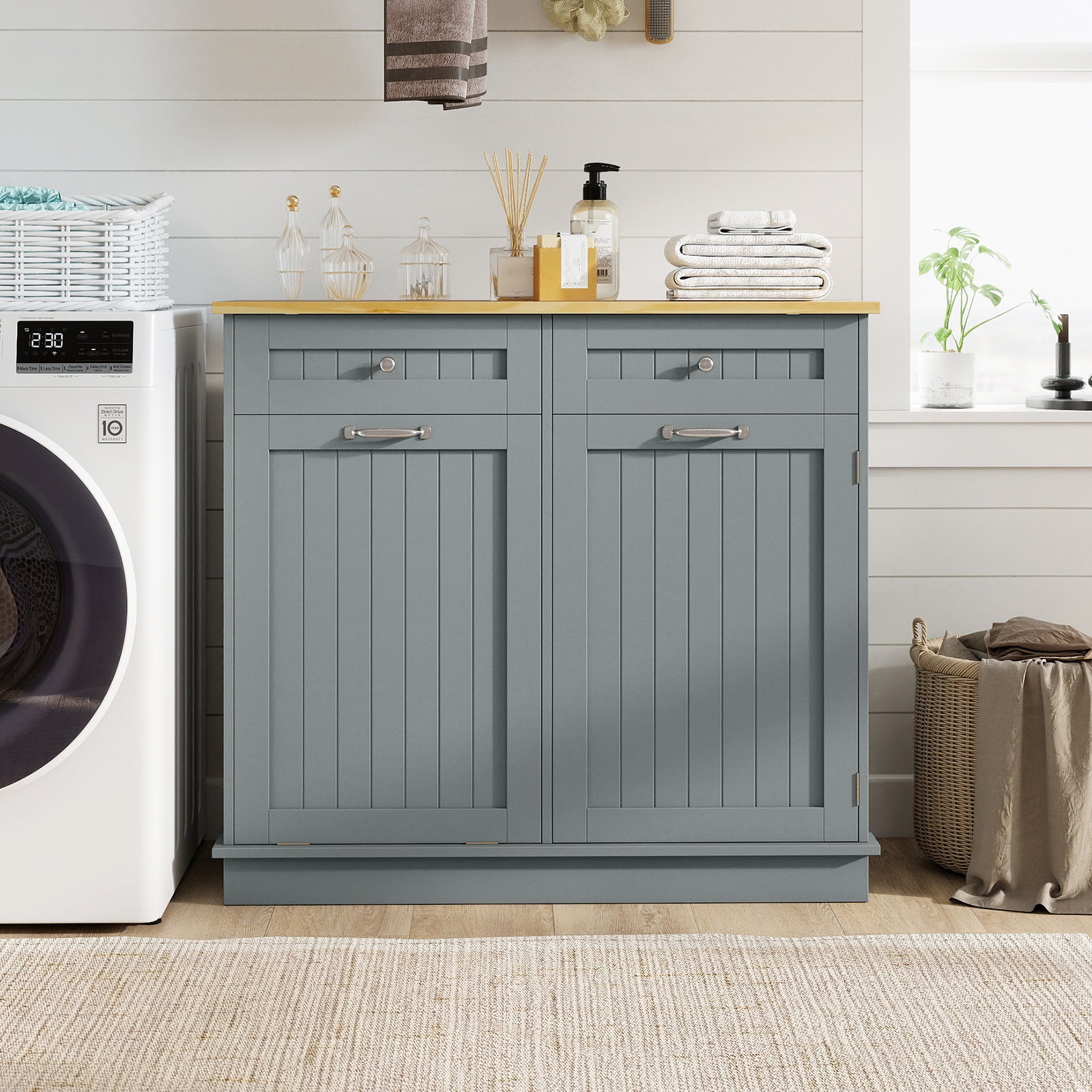Rubber Wood Kitchen Trash Cabinet with Single Trash Can Holder and Adjustable Shelf-Gray