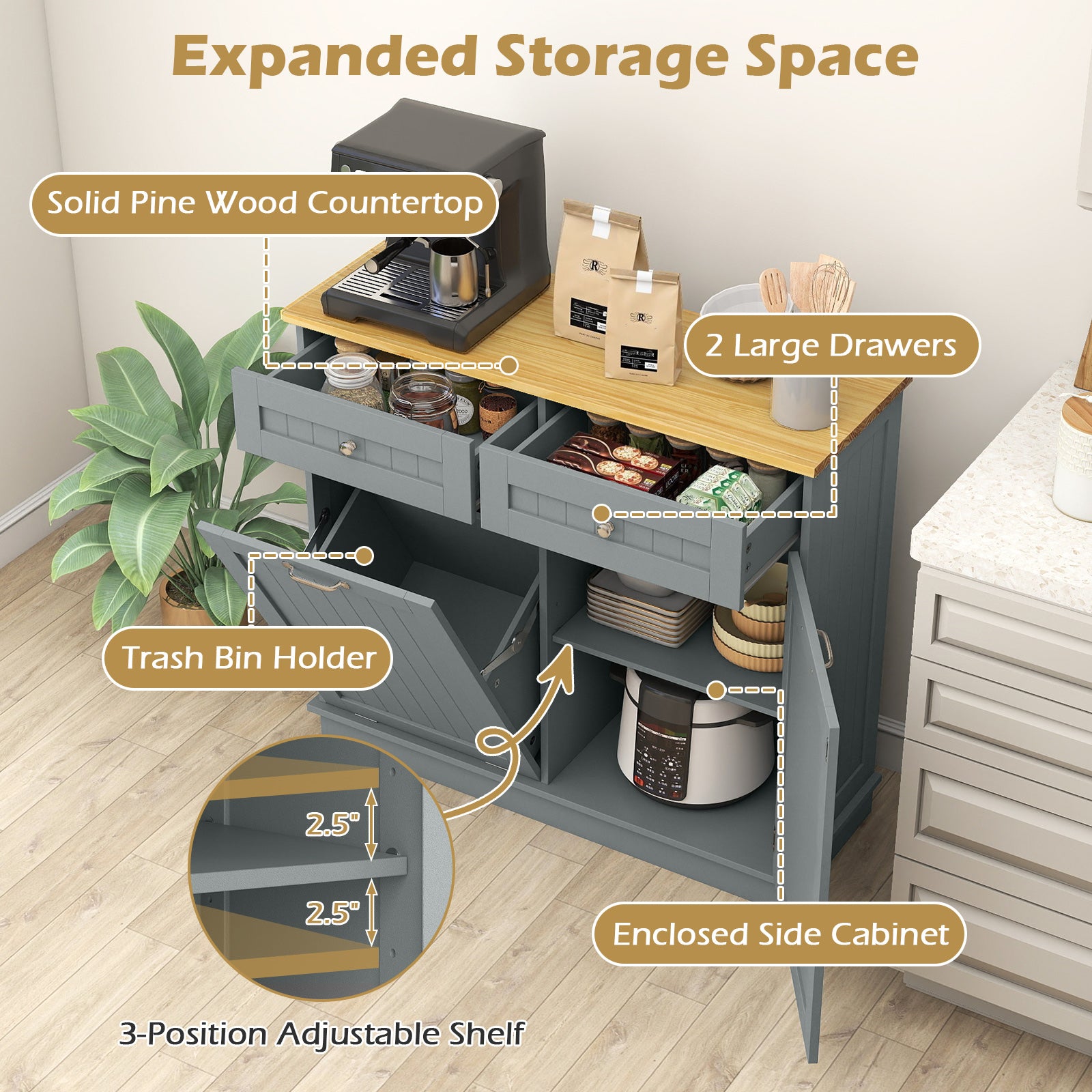 Rubber Wood Kitchen Trash Cabinet with Single Trash Can Holder and Adjustable Shelf-Gray