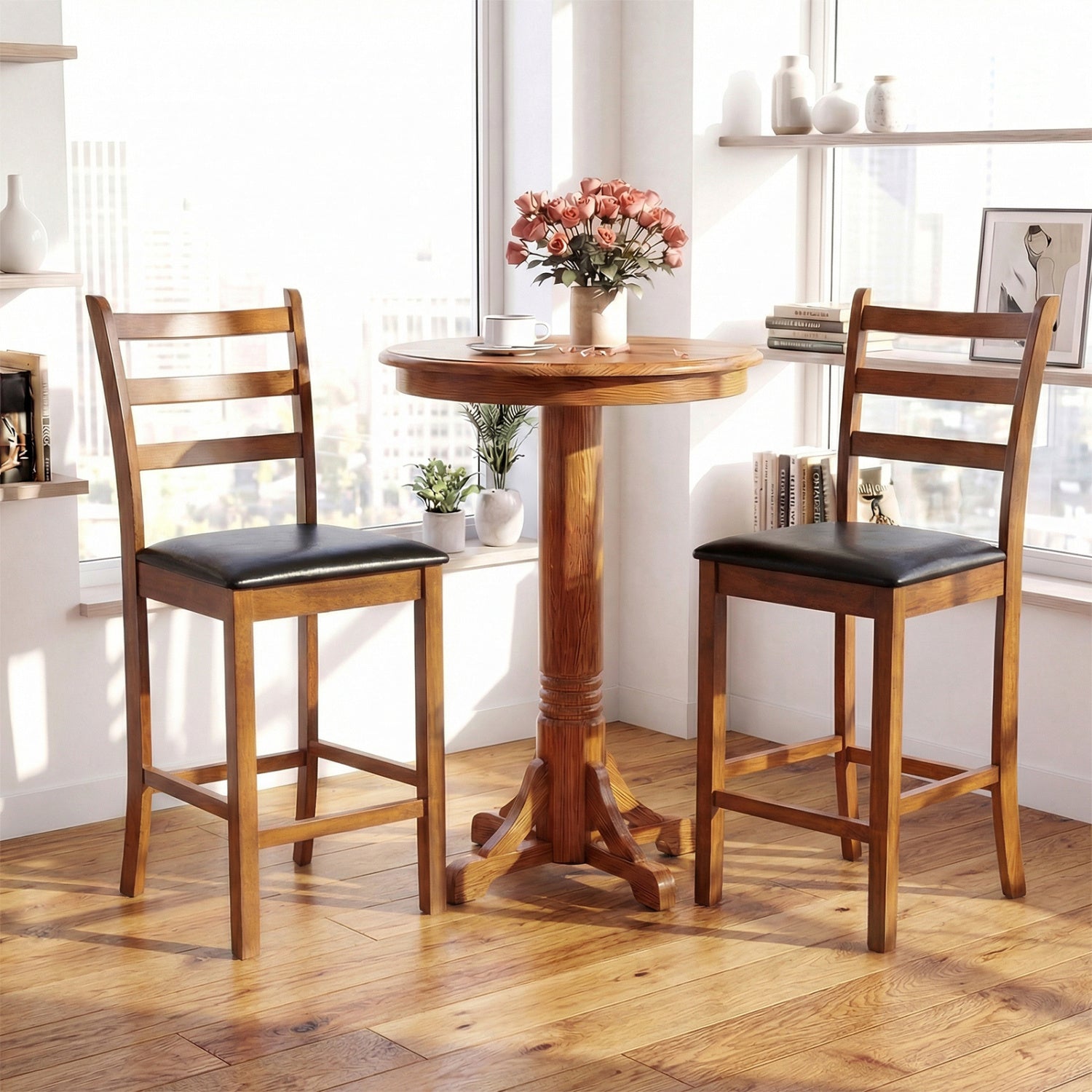 Rubber Wood Ladder Back Bar Stools Set of 2 24inch Counter Height Kitchen Island High Chairs