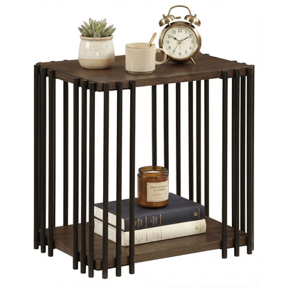 Rubber Wood Side Table with 2-Layer Storage Shelves and Metal Frame-Walnut