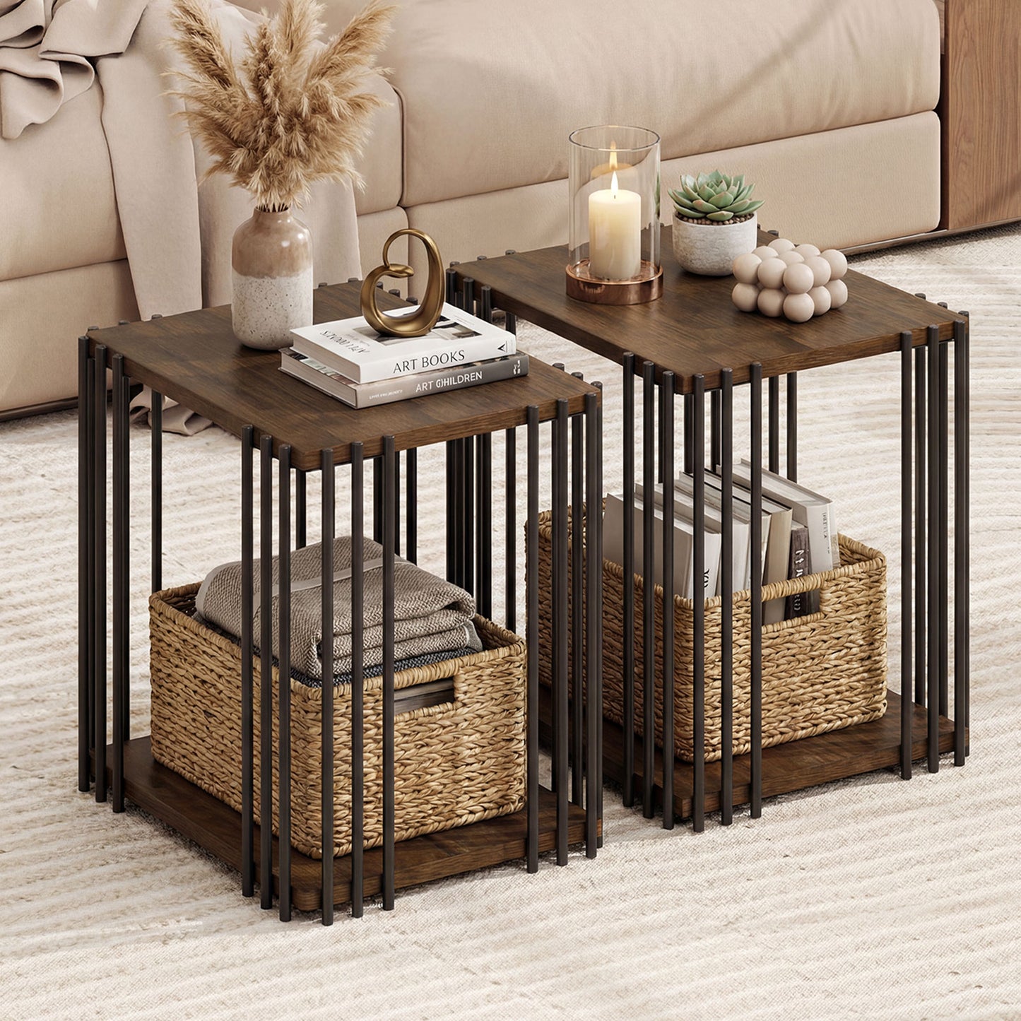 Rubber Wood Side Table Set of 2 with 2-Layer Storage Shelves and Metal Frame-Walnut