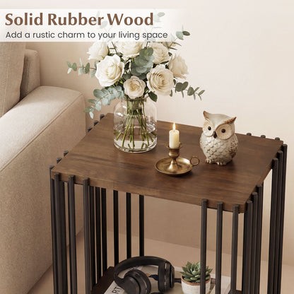 Rubber Wood Side Table Set of 2 with 2-Layer Storage Shelves and Metal Frame-Walnut