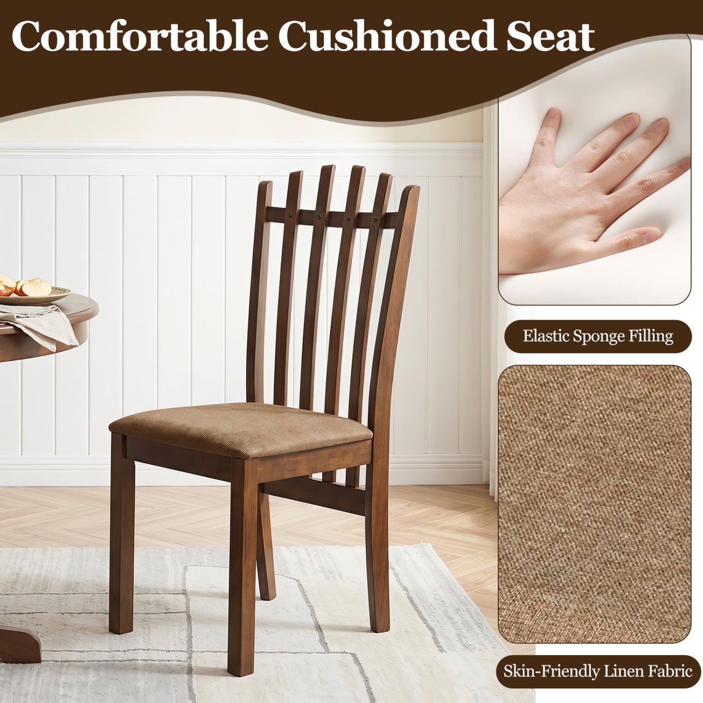 Rubber Wood Slat Back Dining Chairs Set of 2 - Brown