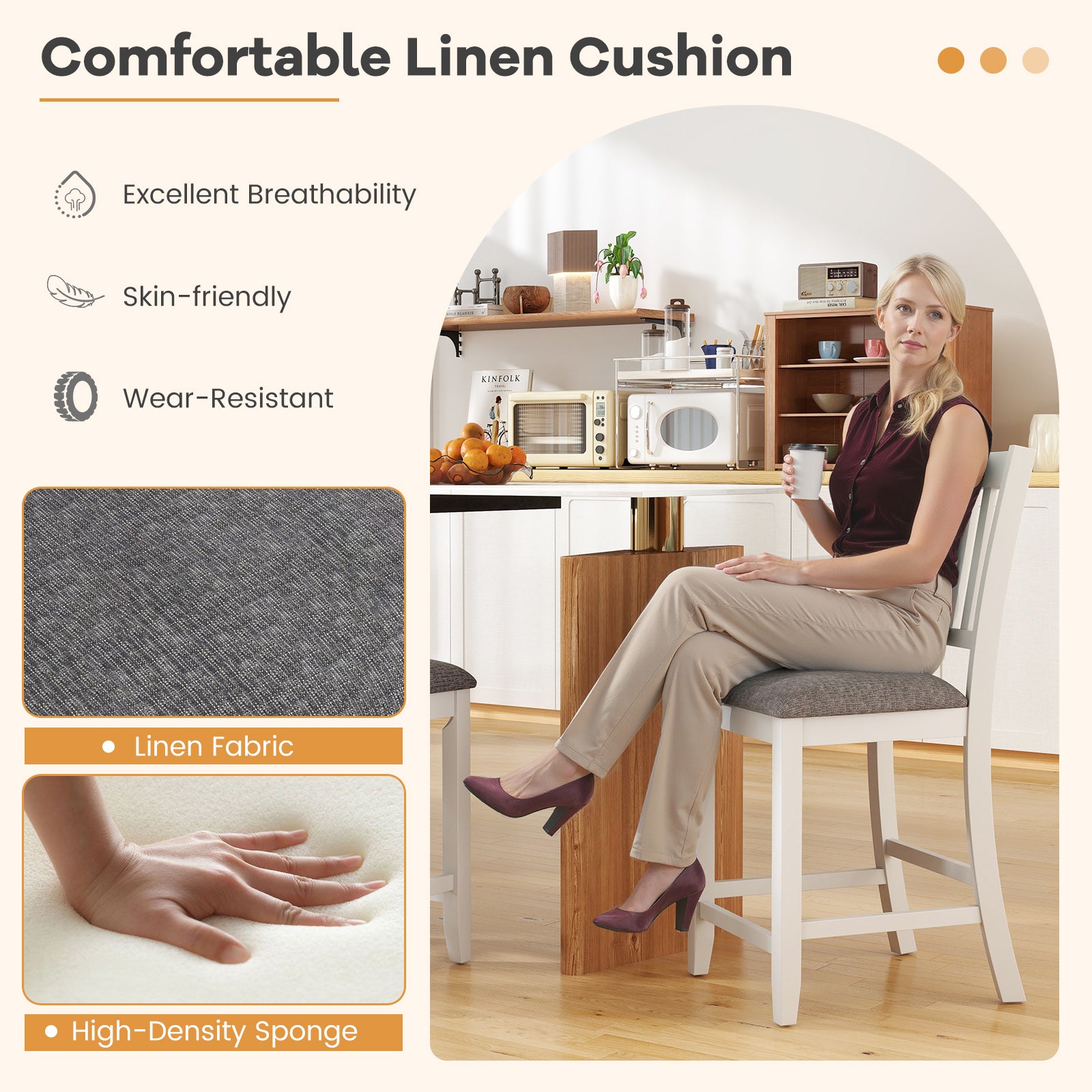 Rubber Wooden Bar Stools Set of 2 with Ergonomic Back and Comfortable Linen Cushion-White