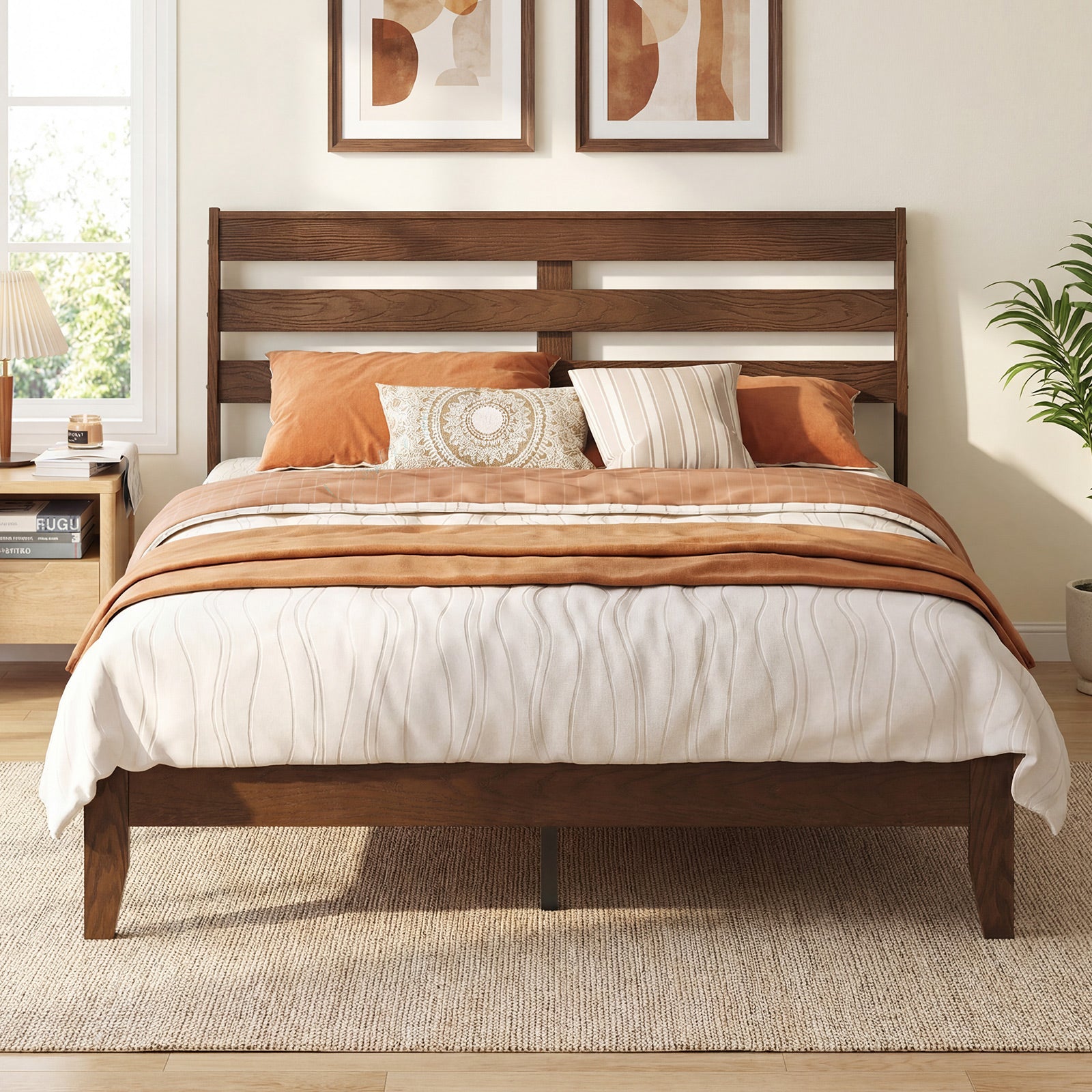 Full Size Wood Platform Bed Frame with Slat Headboard