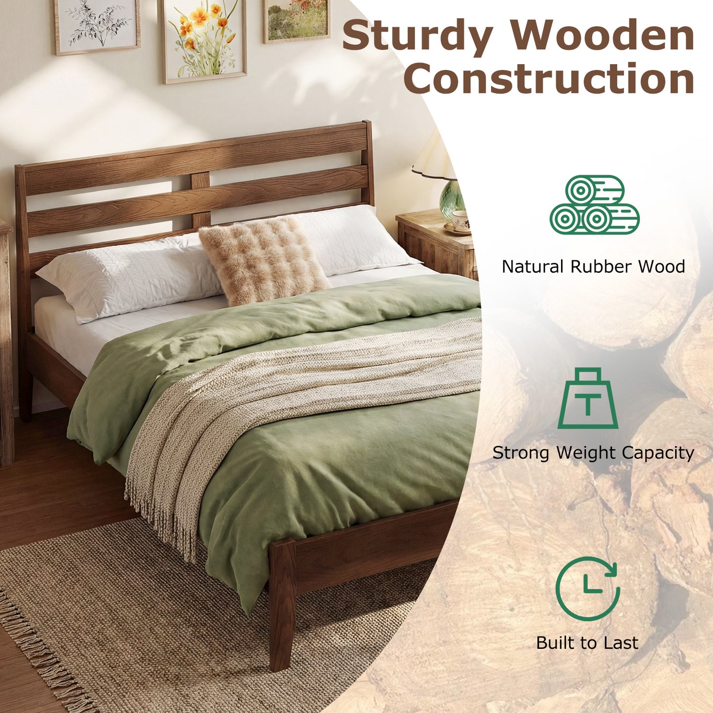 Full Size Wood Platform Bed Frame with Slat Headboard