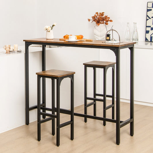 3 Pieces Industrial Bar Table and Chairs Set with Metal Frame-Rustic Brown