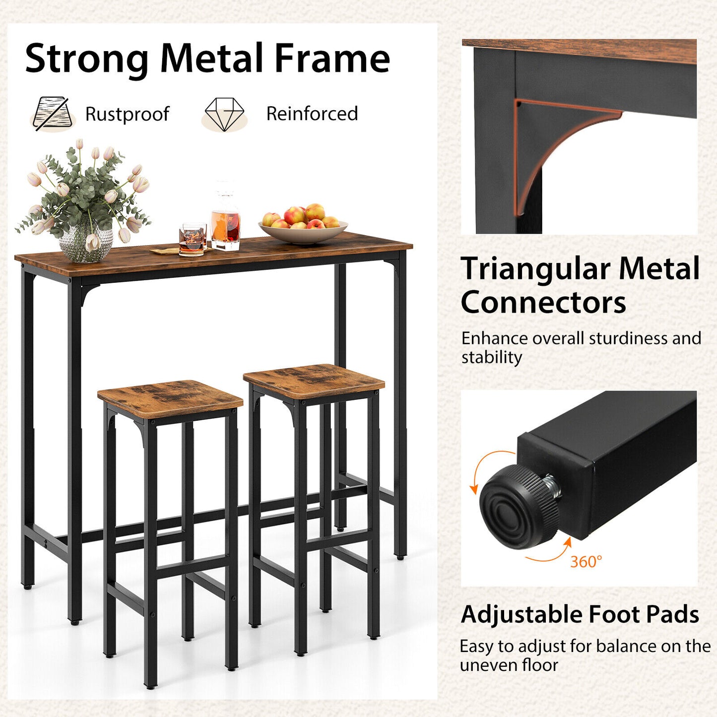 3 Pieces Industrial Bar Table and Chairs Set with Metal Frame-Rustic Brown