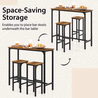 3 Pieces Industrial Bar Table and Chairs Set with Metal Frame-Rustic Brown
