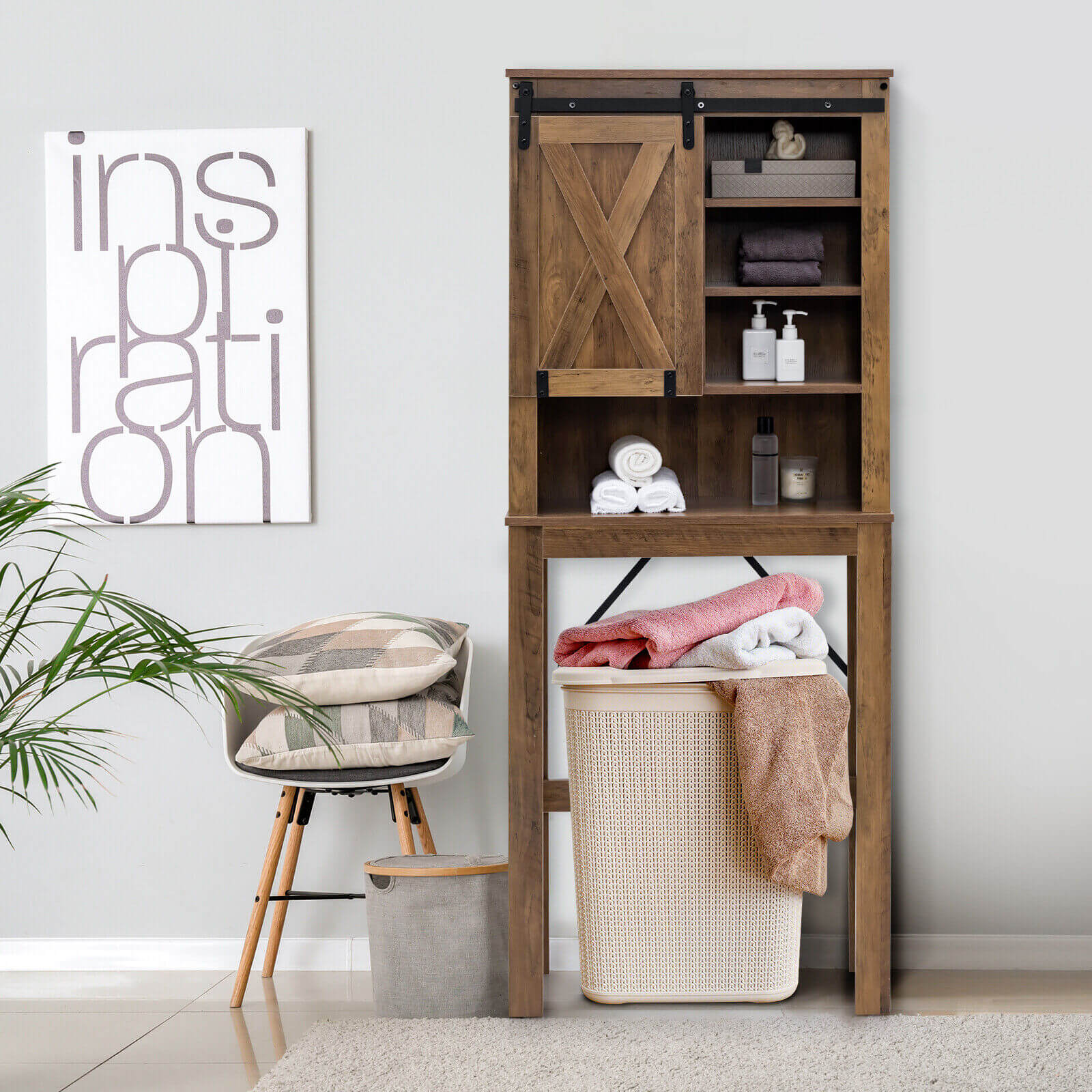 Wooden Bathroom Storage Cabinet with Sliding Barn Door and 3-level Adjustable Shelves-Rustic Brown