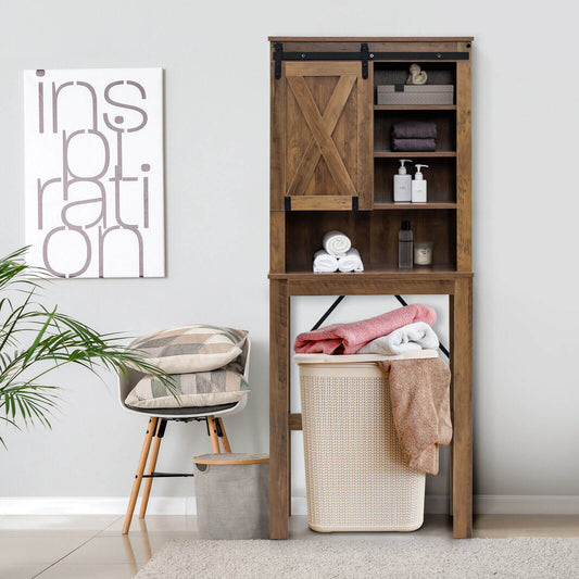 Wooden Bathroom Storage Cabinet with Sliding Barn Door and 3-level Adjustable Shelves-Rustic Brown