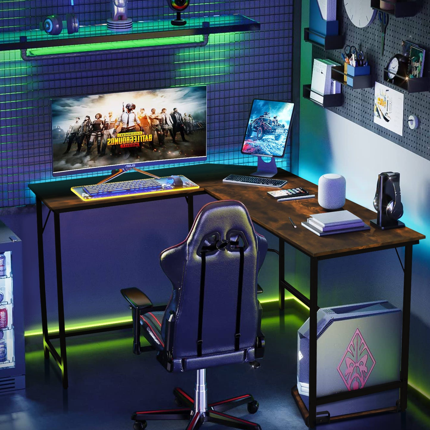 L-Shaped Computer Desk with CPU Stand Power Outlets and USB Ports-Rustic Brown