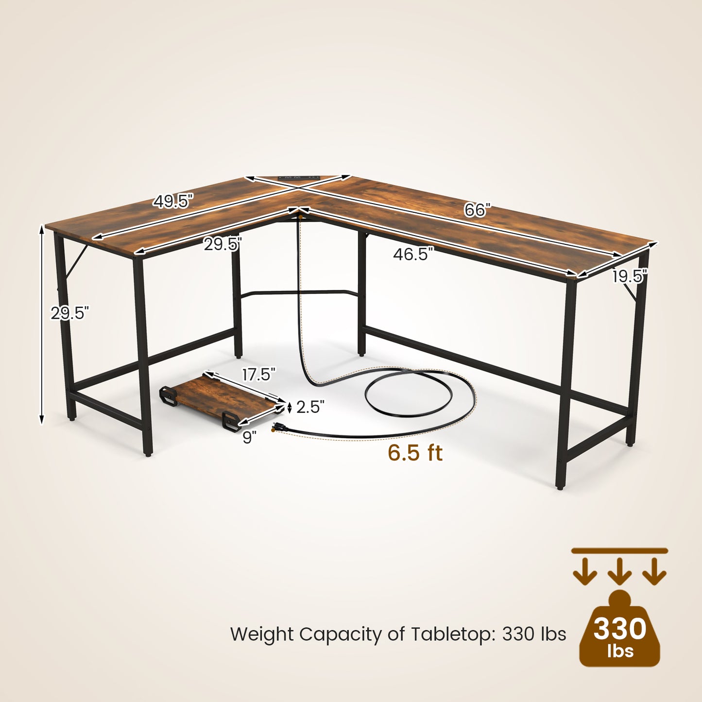L-Shaped Computer Desk with CPU Stand Power Outlets and USB Ports-Rustic Brown
