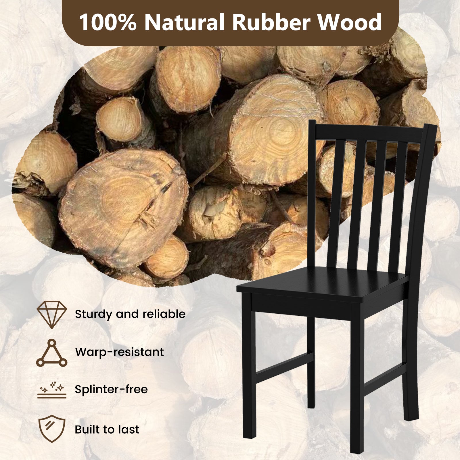 Rustic Dining Chairs Set of 2 Wooden Kitchen Chairs with Slat Tilt Backrest-black