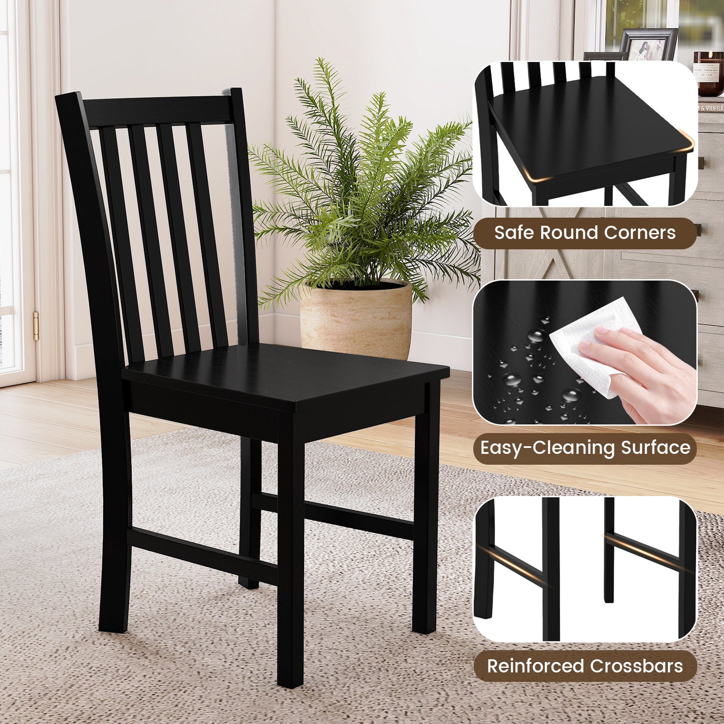 Rustic Dining Chairs Set of 2 Wooden Kitchen Chairs with Slat Tilt Backrest-black