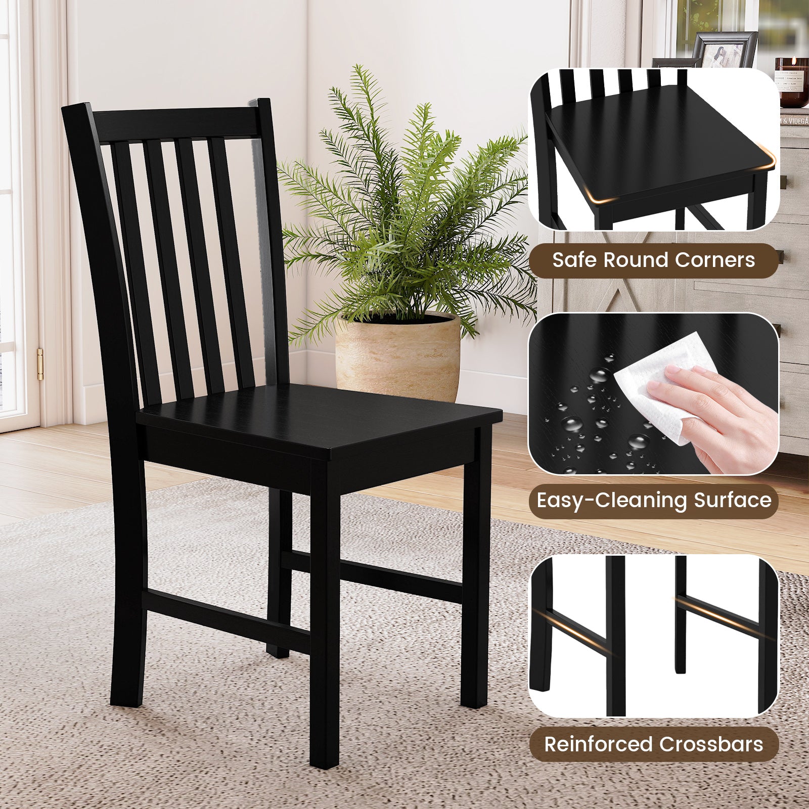 Rustic Dining Chairs Set of 2 Wooden Kitchen Chairs with Slat Tilt Backrest-black