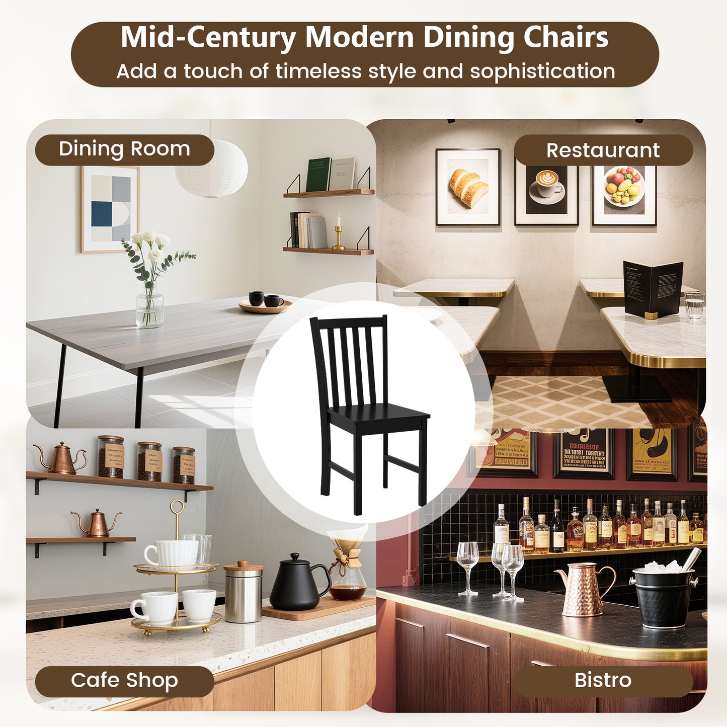Rustic Dining Chairs Set of 2 Wooden Kitchen Chairs with Slat Tilt Backrest-black