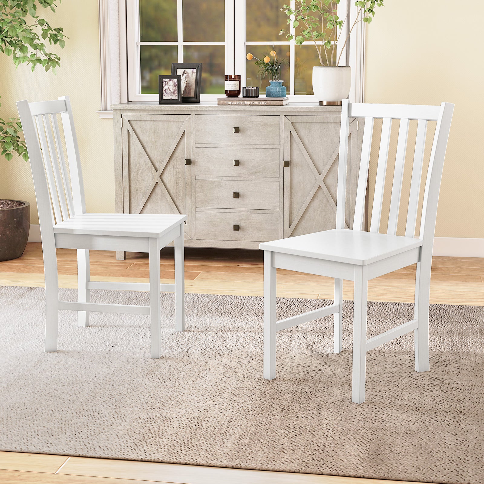 Rustic Dining Chairs Set of 2 Wooden Kitchen Chairs with Slat Tilt Backrest-White