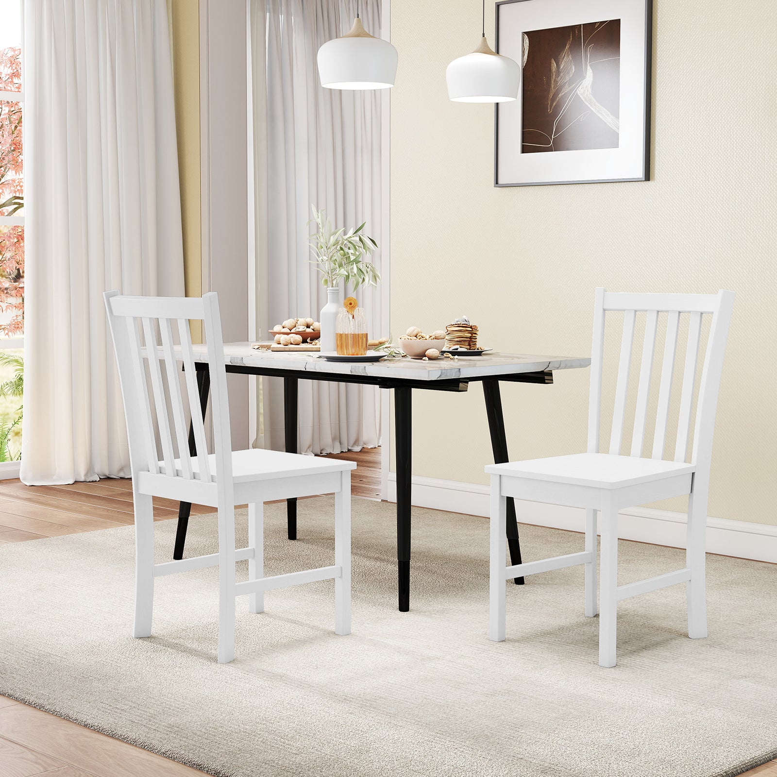 Rustic Dining Chairs Set of 2 Wooden Kitchen Chairs with Slat Tilt Backrest-White