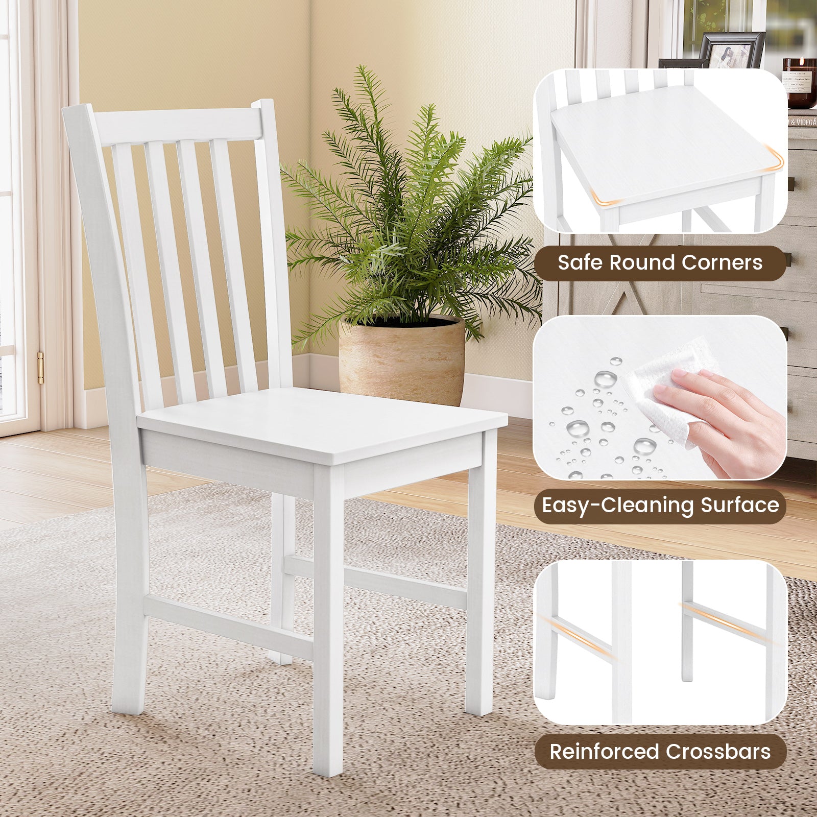 Rustic Dining Chairs Set of 2 Wooden Kitchen Chairs with Slat Tilt Backrest-White