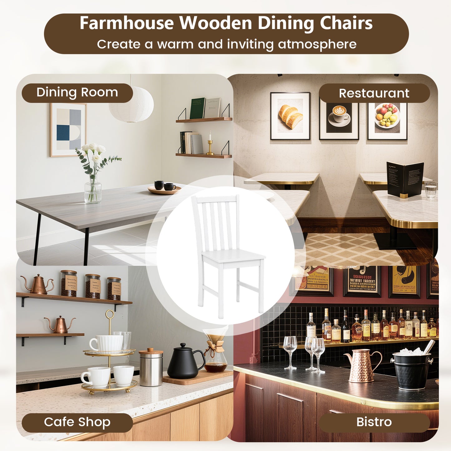 Rustic Dining Chairs Set of 2 Wooden Kitchen Chairs with Slat Tilt Backrest-White