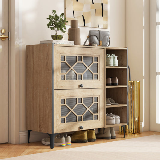 Rustic Shoe Cabinet with Flip-up See-through Doors and Adjustable Shelves-Oak