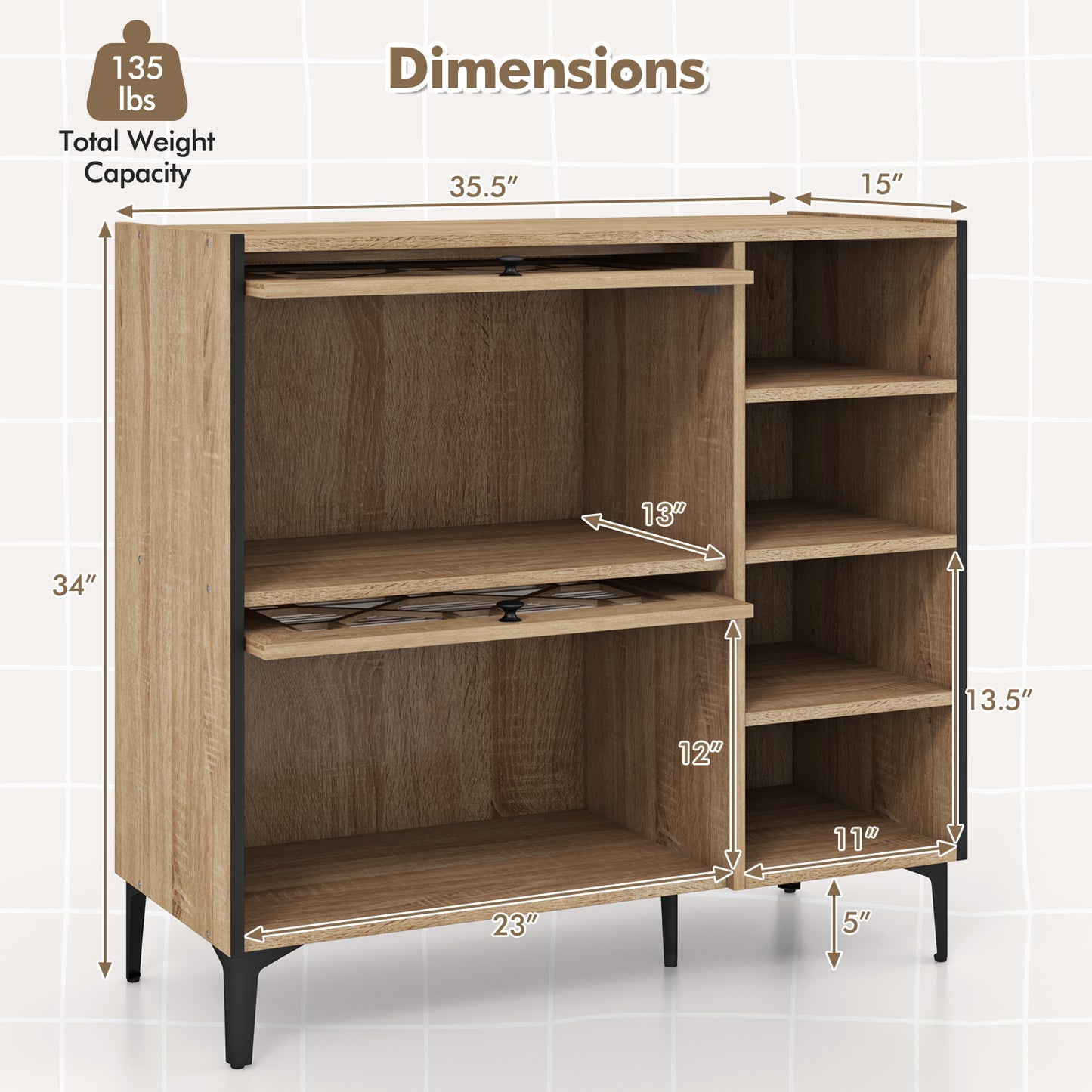 Rustic Shoe Cabinet with Flip-up See-through Doors and Adjustable Shelves-Oak