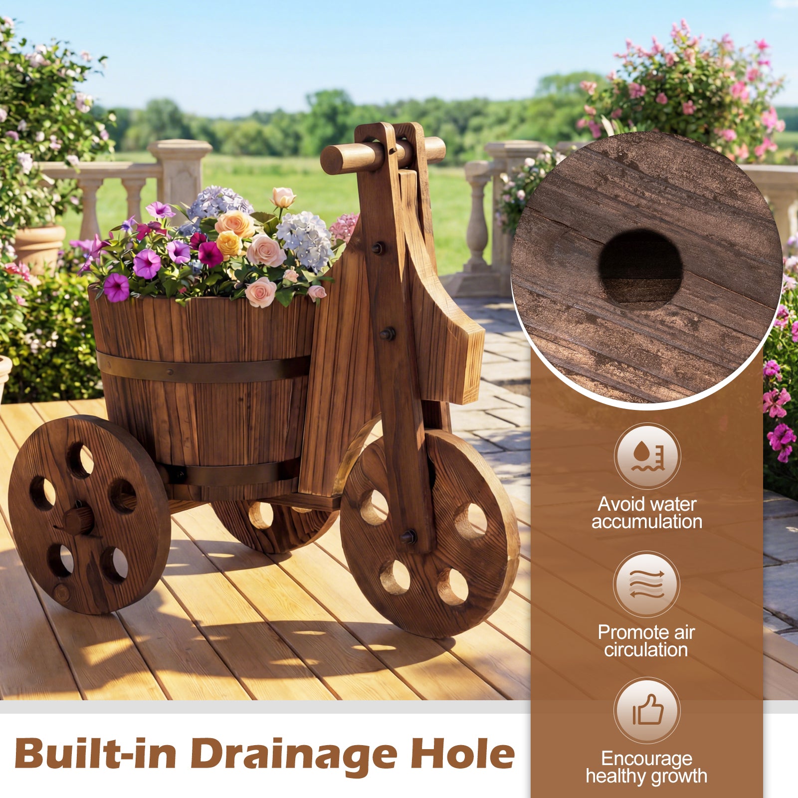 Rustic Wood Tricycle Planter Barrel Flower Pot Cart with Drainage Hole-Coffee