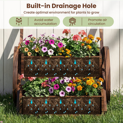 Rustic Wood Wagon Planter 2-Tier Versatile Raised Garden Bed with Wheels-Brown