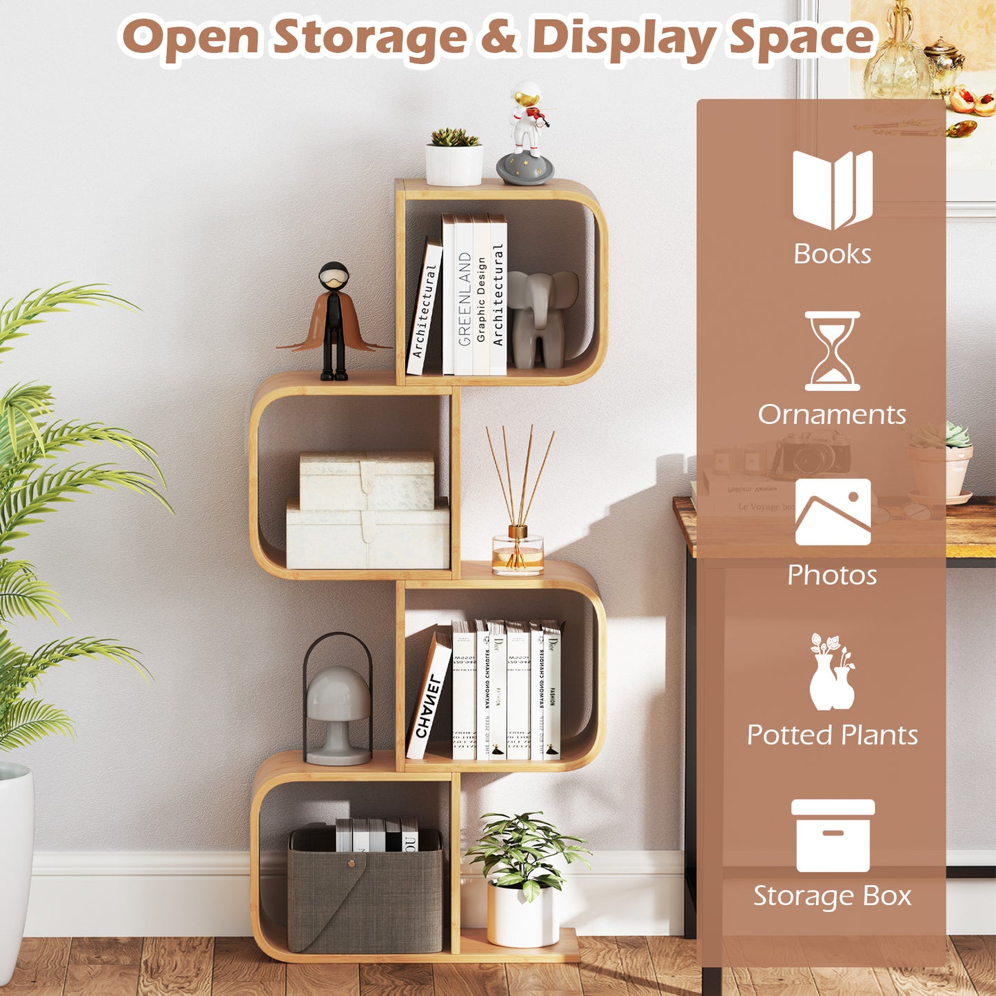 4-Tier S-Shaped Bamboo Bookcase with 4 Open Cubes for Living Room-Natural
